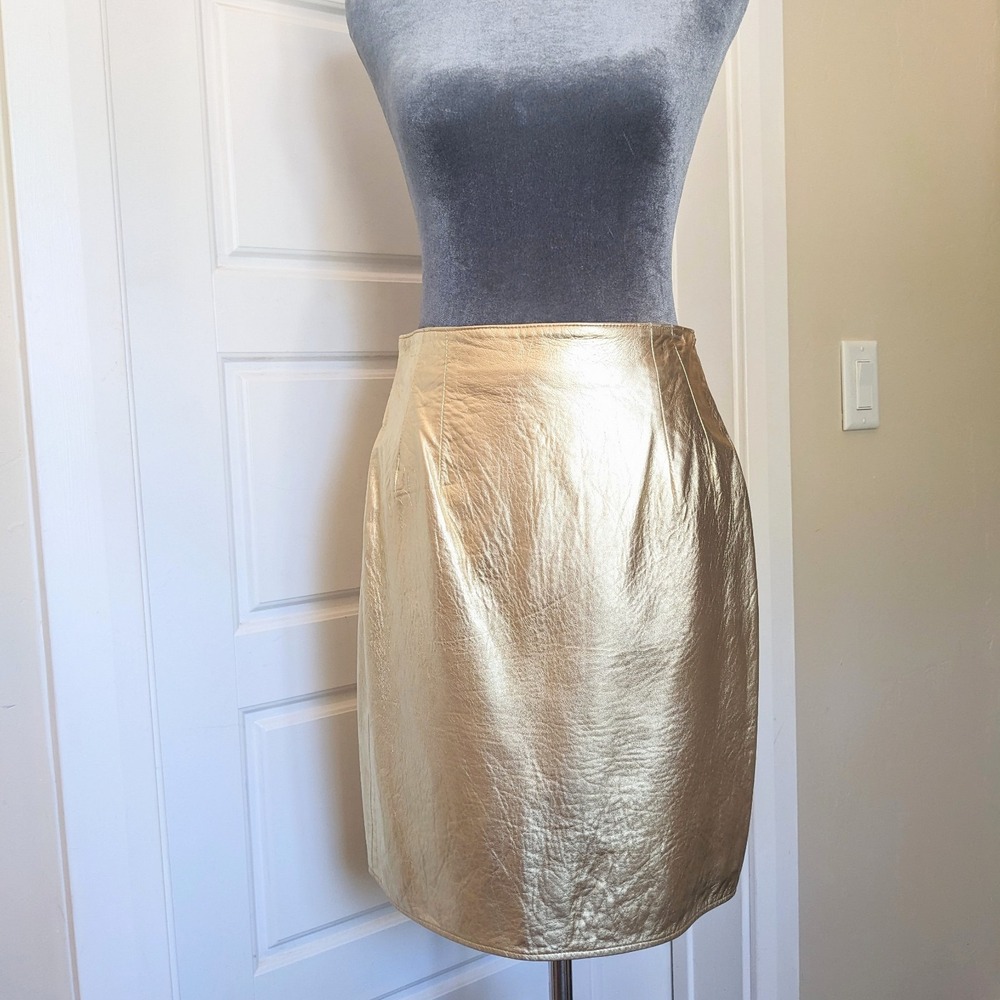 Vintage Metallic Gold Leather Pencil Skirt Sz 8/27" Vakko 80s Disco Party Lame